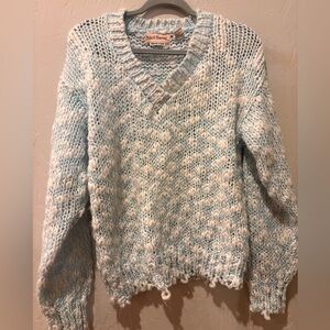 Hand knitted Cozy Knit V-Neck Sweater - Blue and White